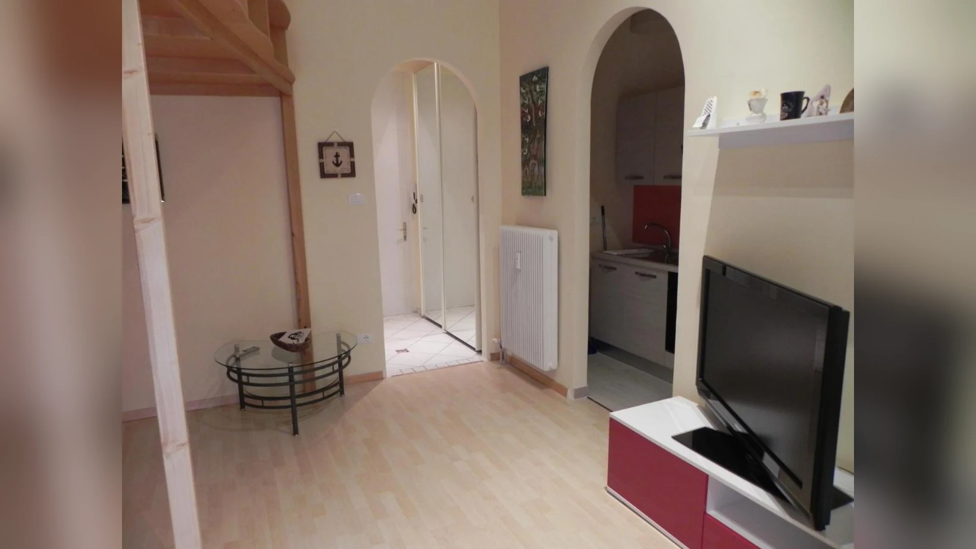 Ingresso e zona giorno del monolocale con TV e angolo cottura